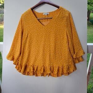 Rachel Zoe Blouse Womens Large Yellow Hearts Bell Sleeve Boho V Neck Top‎ L